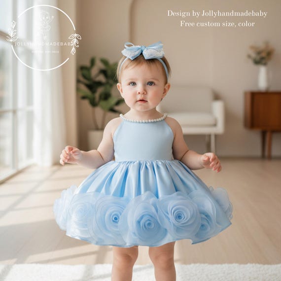 Light Blue Flower Girl Dress, Baby Girl Birthday Dress, Toddler Princess Dress, Pearl Neck Party Dress, Handmade Baby Dress