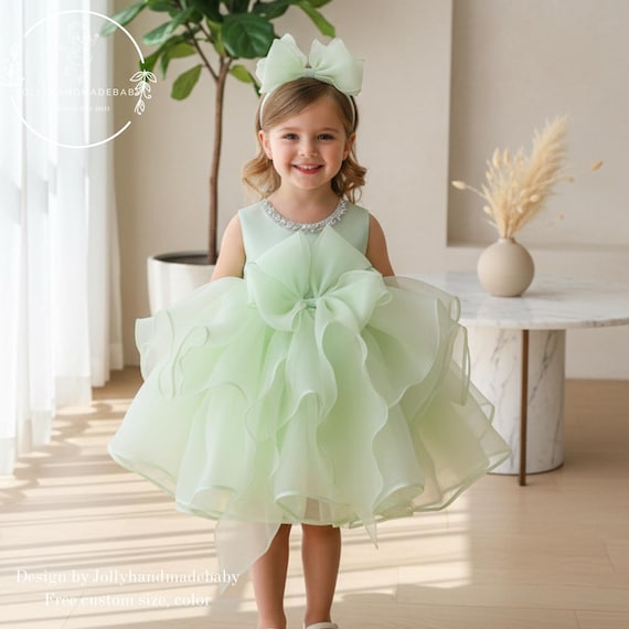 green dress 6 month baby girl Sage Dress, Flower Girl Dress, Toddler Birthday Dress, Organza Ruffle With Big Bow, Elegant Baby Party Dress 6 month baby girl photoshoot