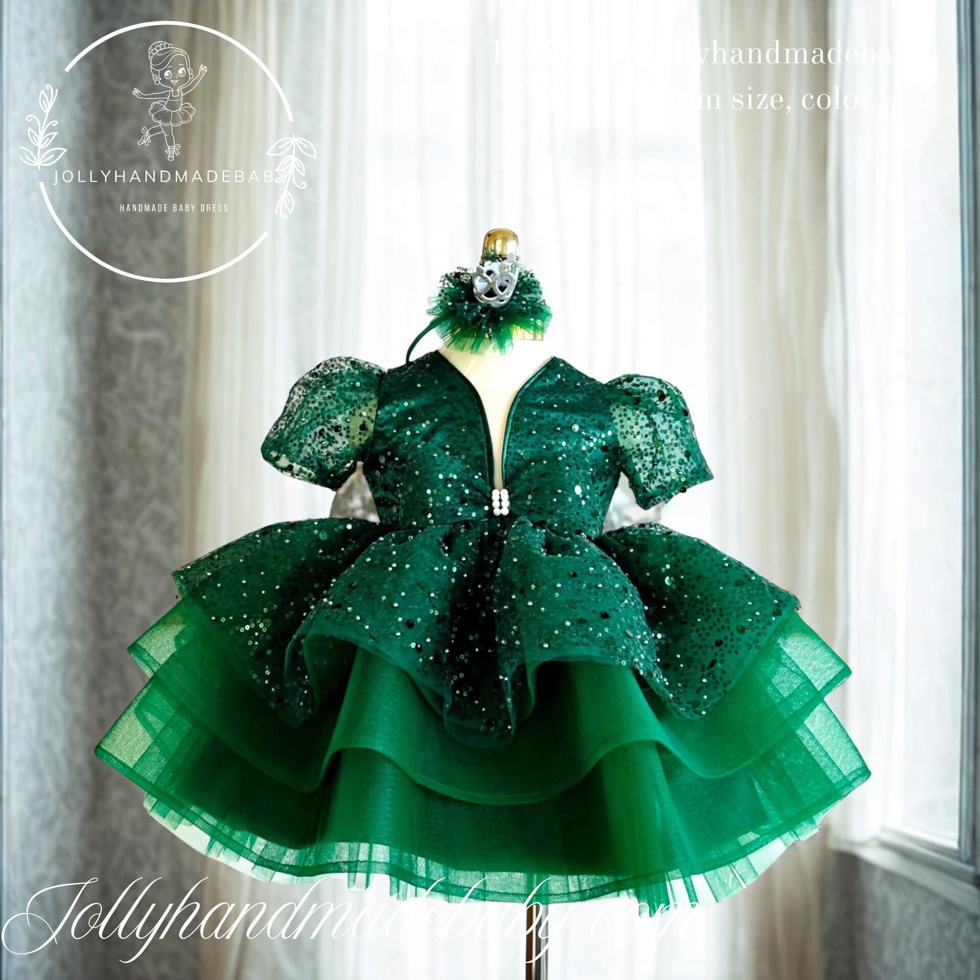 green baby christmas dress Emerald Girl | Toddler Holiday Party Outfit | Handmade Sequin Princess Dress flower girl emerald green baby dress