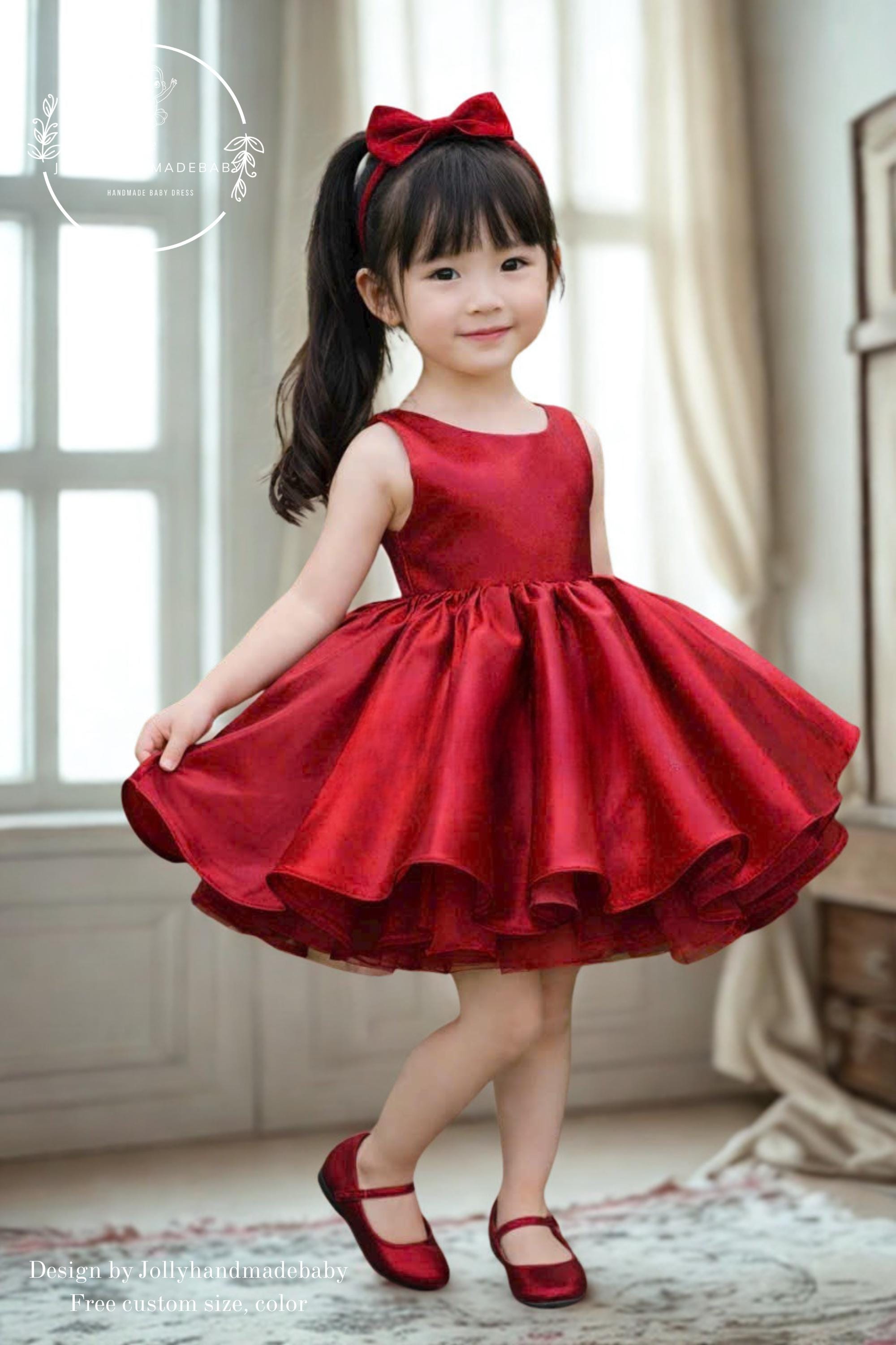 red satin toddler dress Red Satin Birthday Dress, Big Bow Flower Girl Gown, Toddler Party Outfit, Mini Quinceanera Sister Dress, Wedding Pageant Photoshoot
