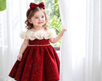 Red Velvet Christmas Dress for Baby Girl, Off Shoulder Holiday Gown with White Ruffle Collar and Pearl Waist Detail
