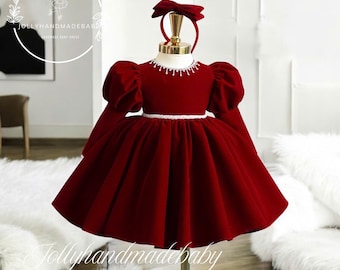 Christmas Girl, Luxury Velvet Christmas Kid Dress, Elegant Baby Red Velvet Dress, Baby Toddler Special Occasion Dress, Gift for Baby