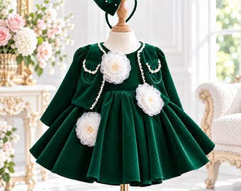 Green Velvet Christmas Dress for Baby Girl, Floral Princess Dress, Sparkle Holiday Outfit with Matching Jacket