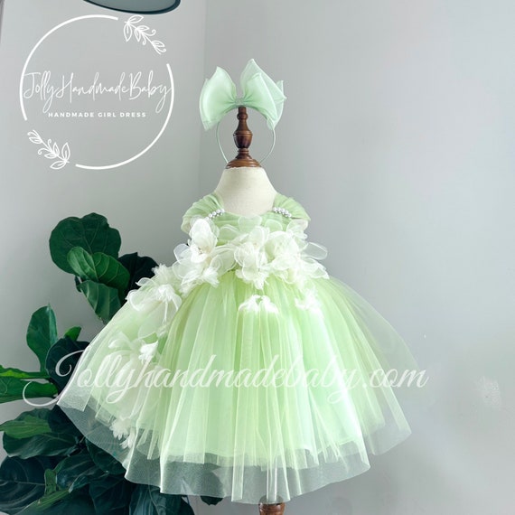 Mint Green Tulle Fairy Dress: Handmade Floral Appliqués, Pearl