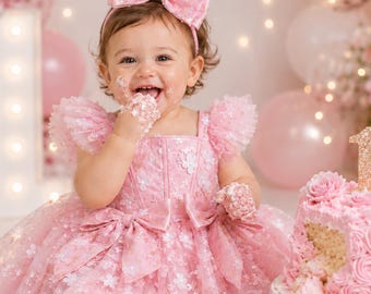 Pink Flower Girl Dress, Toddler Birthday Princess Dress, Baby Girl Tulle Party Dress, Handmade Floral Lace Dress, Custom Size Color