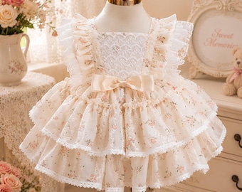 Ivory Floral Girls Dress, Vintage Lace Birthday Dress, Handmade Toddler Tea Party Outfit, Flower Girl Cottagecore Dress