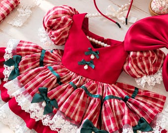 Red Plaid Christmas Party Dress for Girls, Layered Lace Ruffle Outfit with Matching Hair Accessory