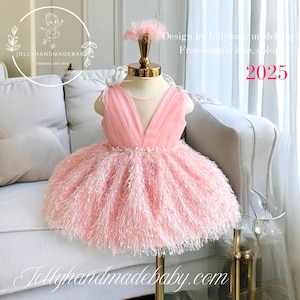 Pink Feather Tulle Baby Dress: White Satin Bow Girl Dress