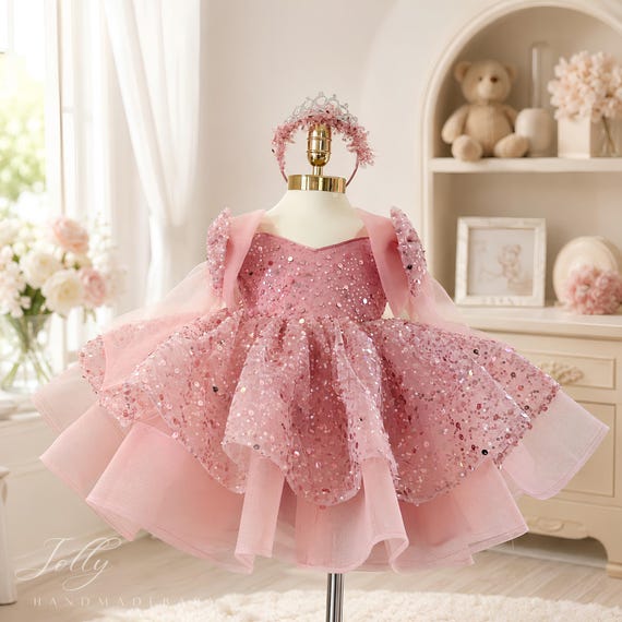 pink glitter dress with bow Dusty Rose Flower Girl Dress, Sequin Tulle Princess Dress, Girls Birthday Party Dress, Shoulder Wedding pink sequin mini dress