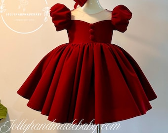 Velvet Button-Front Puff Sleeve Dress – Holiday Baby Girl Outfit