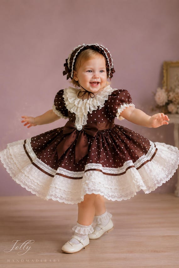 girls chocolate brown dress Polka Dot With Matching Bonnet, Vintage Ivory Lace Birthday Dress, Cottagecore Photo Outfit MQ1766 This color is the Floral Sequin Royal Blue waist:42