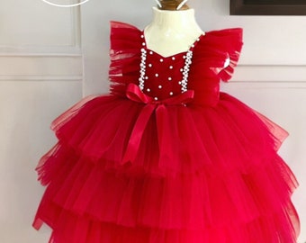 Robe bébé de Noël, Robe bébé en satin faite main, Robe de Noël rouge, Joli cadeau de princesse, Robe en satin de tulle avec noeud