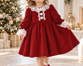 Red Velvet Christmas Dress for Baby Girl, Long Sleeve Holiday Dress with Lace Collar, Vintage Toddler Outfit