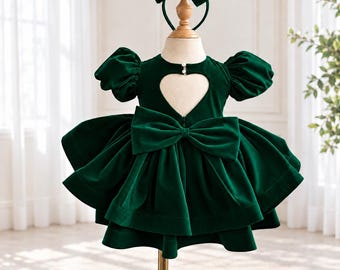 Olive Green Velvet Christmas Dress for Baby Girl, Sparkly Holiday Party Outfit, Puff Sleeve Toddler Dress, Heart Bodice