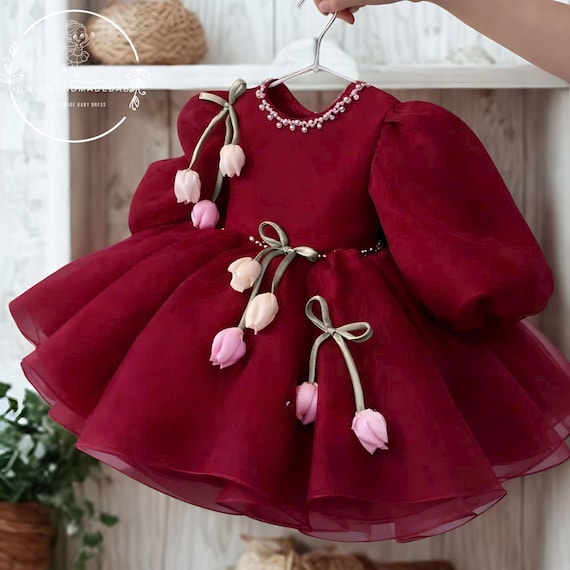 baby burgundy dress Burgundy Baby Girl Dress, Handmade Toddler Party Dress, Flower Ribbon Dress,  Christmas Dress for Girls, Baby Dress, Baby Birthday Outfit