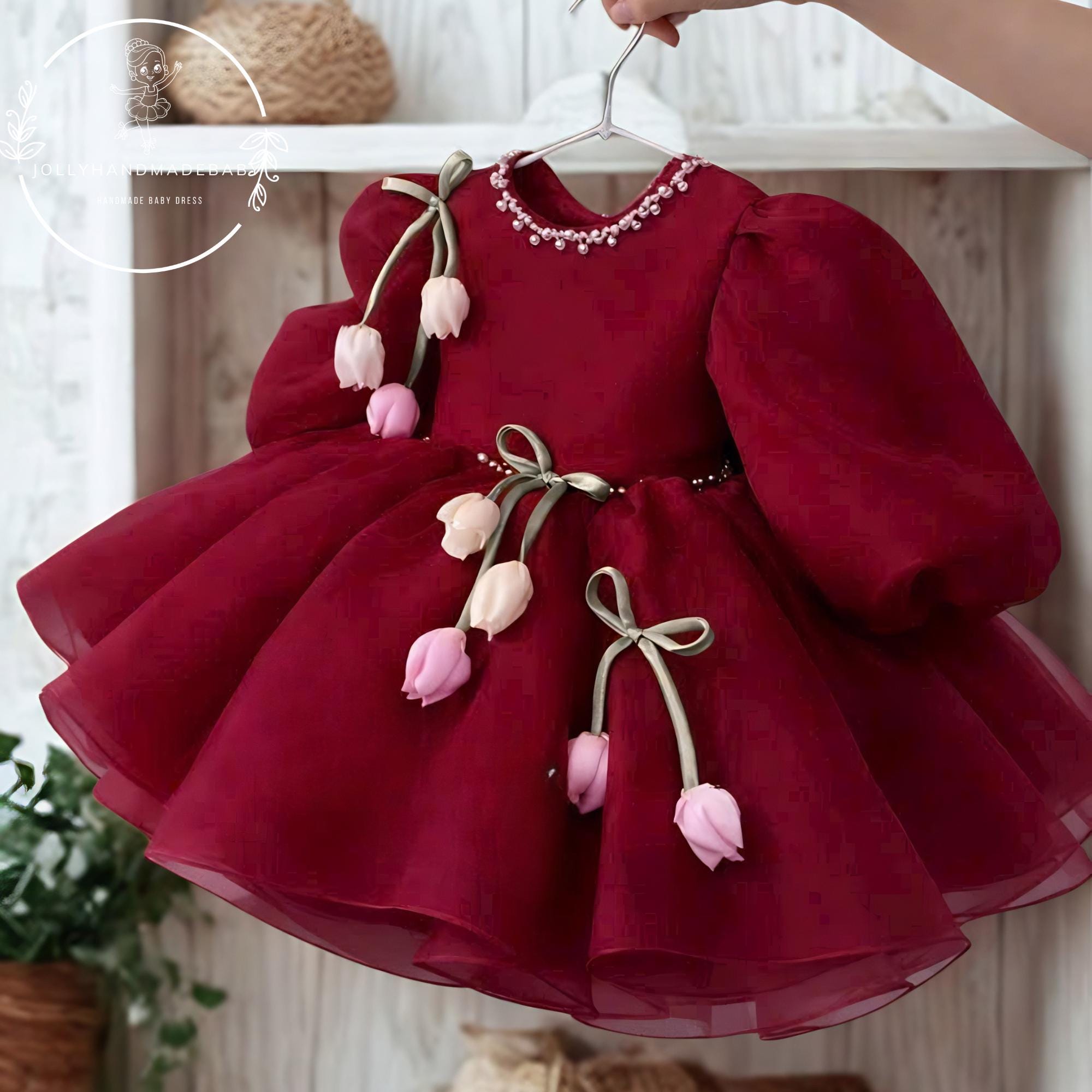 burgundy baby dress Red Velvet Long Sleeve Baby Girl Dress