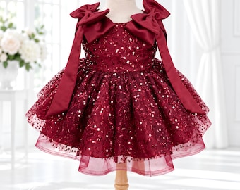 Burgundy Sequin Dress for Girls, Statement Bow Shoulder Party Dress, Sparkly Tulle Holiday Outfit