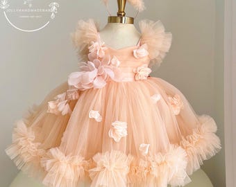 Peach Flower Girl Dress, Toddler Tulle Dress, Baby Birthday Dress, Princess Tutu Dress, Blush Floral Dress, Custom Size Outfit