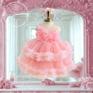 Handmade Pink Tulle Princess Dress: Rosette Birthday Outfit with Headband