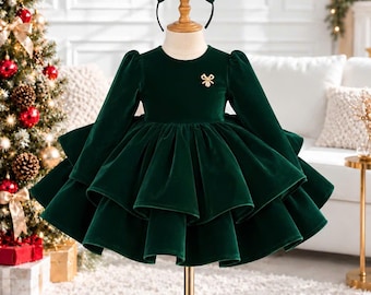 Deep Green Velvet Christmas Dress for Baby Girl, Velvet Long Sleeve Holiday Party Dress, Tiered Toddler Outfit, Festive Photoshoot Dress