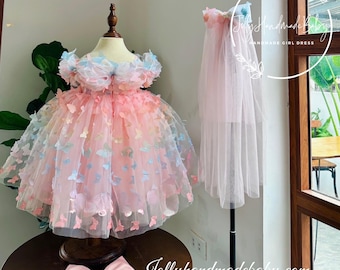 Felicidad de cumpleaños con el vestido de tul de mariposa Vestido de bebé esponjoso: Vestido de niña rosa polvoriento / Celebre con estilo en una ocasión especial