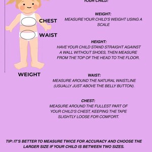 Może przedstawiać: Jasnofioletowa tablica instruktażowa zatytułowana How to Measure Your Child. Zawiera ilustrację dziecka z blond kucykami, wskazującą punkty pomiaru wzrostu, klatki piersiowej i talii, wraz z instrukcjami tekstowymi dla każdego z tych obszar&oacute;w.