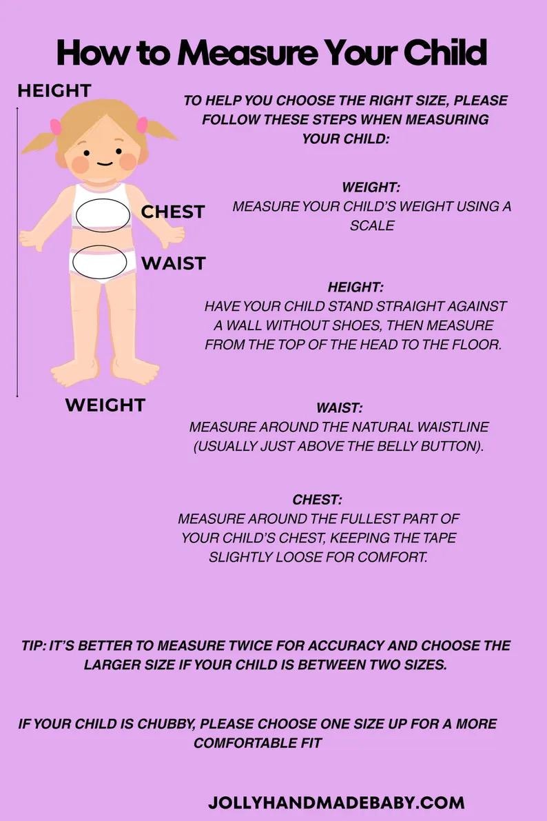 Może przedstawiać: Jasnofioletowa tablica instruktażowa zatytułowana How to Measure Your Child. Zawiera ilustrację dziecka z blond kucykami, wskazującą punkty pomiaru wzrostu, klatki piersiowej i talii, wraz z instrukcjami tekstowymi dla każdego z tych obszar&oacute;w.