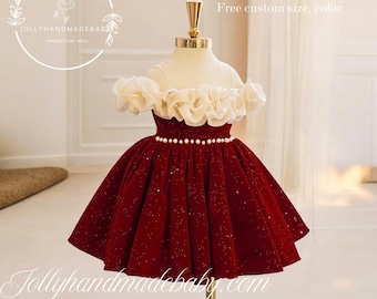Handmade Velvet Ruby Ruffle Dress: Elegant Christmas Baby Dress