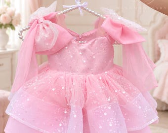 Pink Sparkle Dress for Girls, Blush Sequin Flower Girl Gown, Princess Birthday Outfit, Girls Wedding Party and Photo Shoot Dress