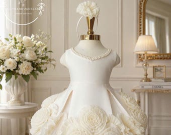 Ivory Flower Girl Dress, Baby Girl Wedding Dress, Elegant Toddler Dress, Pearl Neck Dress, Luxury Baby Dress, First Birthday Outfit Girl