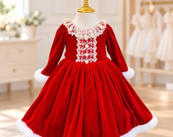 Red Velvet Christmas Dress for Baby Girl, Long Sleeve Holiday Party Dress, Lace Collar Santa Outfit, Winter Photo Shoot Dress