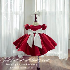Handmade Red Bow Baby Dress: Pearl Trim, Satin Bow & Headband
