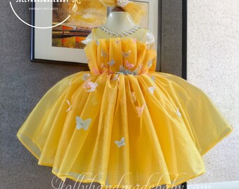 YELLOW TULLE DRESS | Satin Wedding Tulle Dress | Personalized Tulle Dress For Baby Girls | Girls Bow and Pearls Dress | Gift For Baby Girls