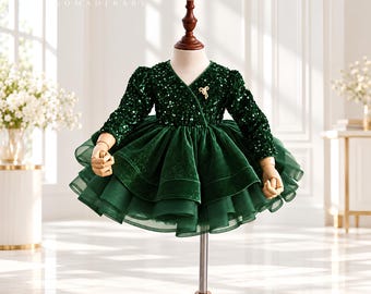 Emerald Green Christmas Dress for Baby Girl, Velvet and Sequin Holiday Gown, Long Sleeve Toddler Princess Party Dress