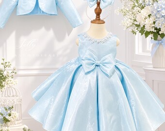 Light Blue Flower Girl Dress Set, Sleeveless Party Dress with Matching Long Sleeve Bolero Jacket