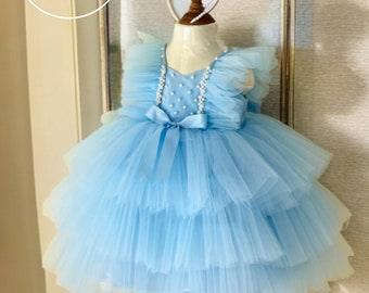 Blue Tulle Girl Dress - Custom Size Elsa - Elsa Birthday Theme - Blue Tulle Dress