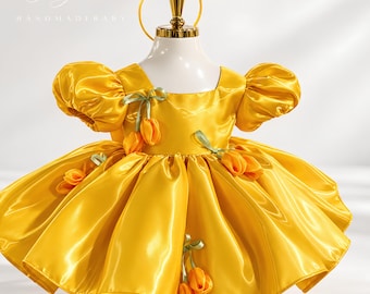 Yellow Satin Tulip Dress for Baby Girl, Puff Sleeve Princess Party Gown