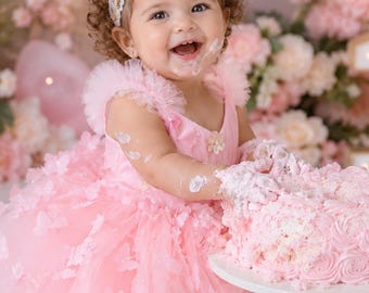 Robe de demoiselle d'honneur rose papillon, robe d'anniversaire pour bébé fille, robe de princesse en tulle pour petite fille, robe tutu papillon, robe de mariée