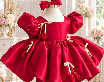 Red Christmas Dress for Girls, Premium Satin Tulip Skirt, Puff Sleeve Holiday Outfit