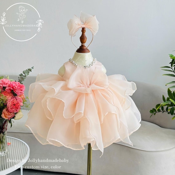 Peach Baby Girl Dress, Flower Girl Dress, Toddler Birthday Dress, Organza Ruffle Dress With Big Bow, Elegant Baby Party Dress