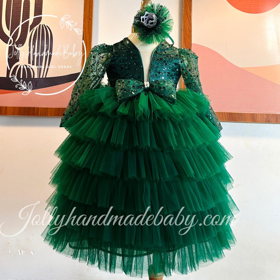 Gorgeous Green Tulle Lace Floral Sequin Long Birthday Party Dress Evening Gown