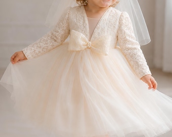 Ivory Lace Flower Girl Dress, Long Sleeve Tulle Dress, Baptism Christening Dress, Wedding Junior Bridesmaid Dress, Birthday Outfit