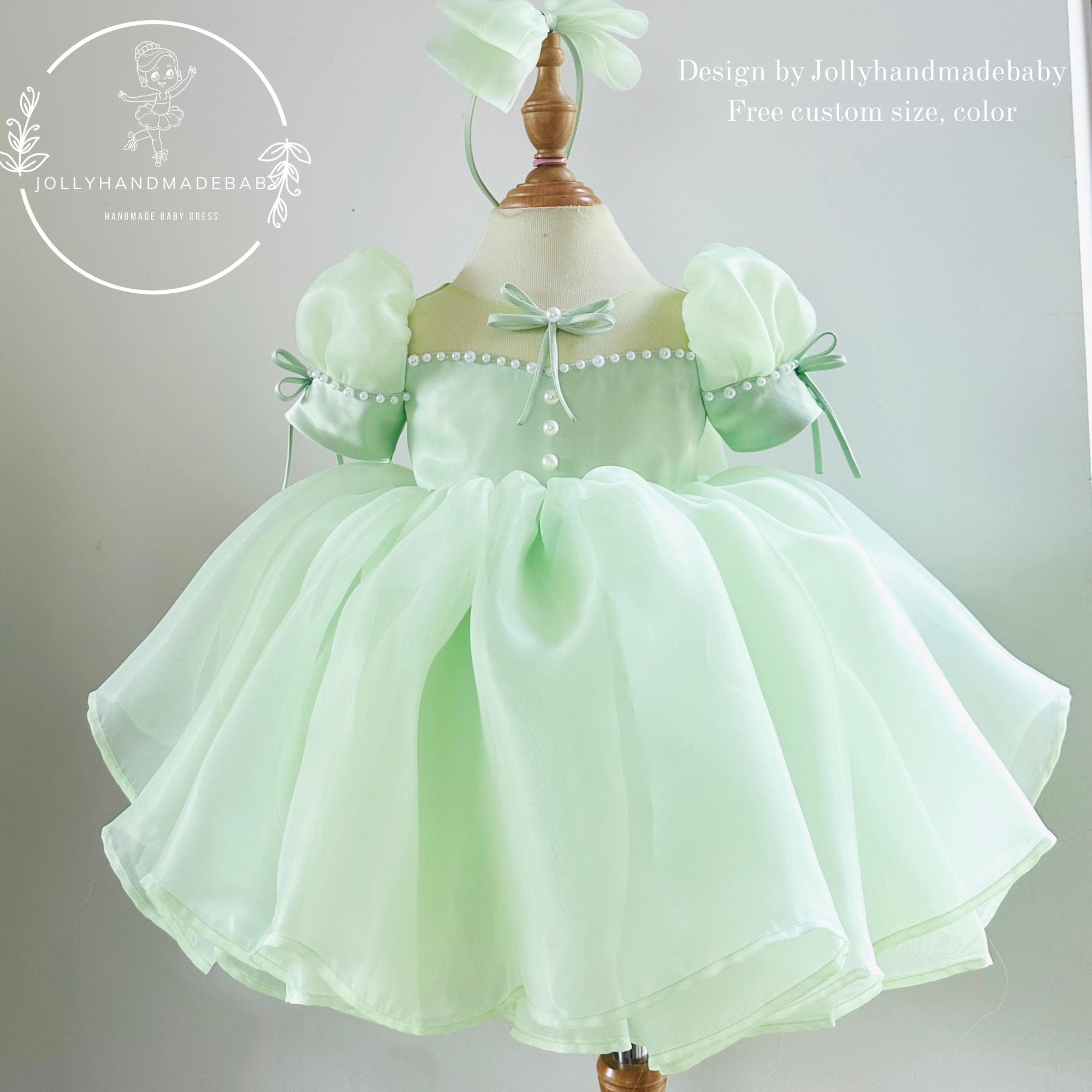 mint green newborn dress Baby Girl Dress, Flower Girl Dress, Puffy Sleeve Toddler Dress, Organza Party Dress, Birthday Outfit, Handmade Custom 100 cotton