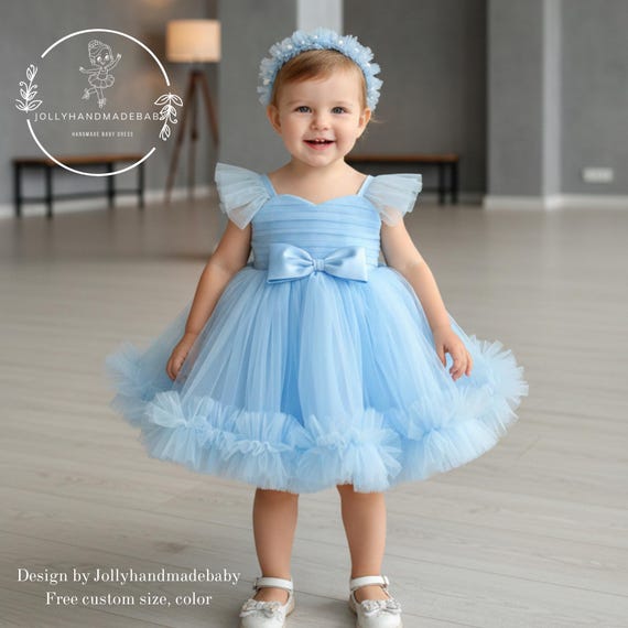 Blue Baby Girl Princess Tutu Dress  Soft Tulle Flower Girl Dress With Bow,  Birthday Outfit, Handmade Fairy Dress - Etsy