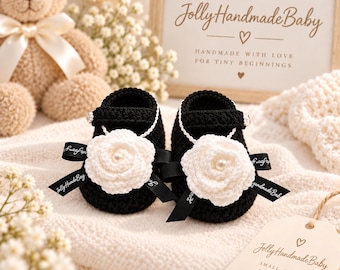 Black Crochet Baby Booties with White Flower Appliqués, Handmade Newborn Shoes
