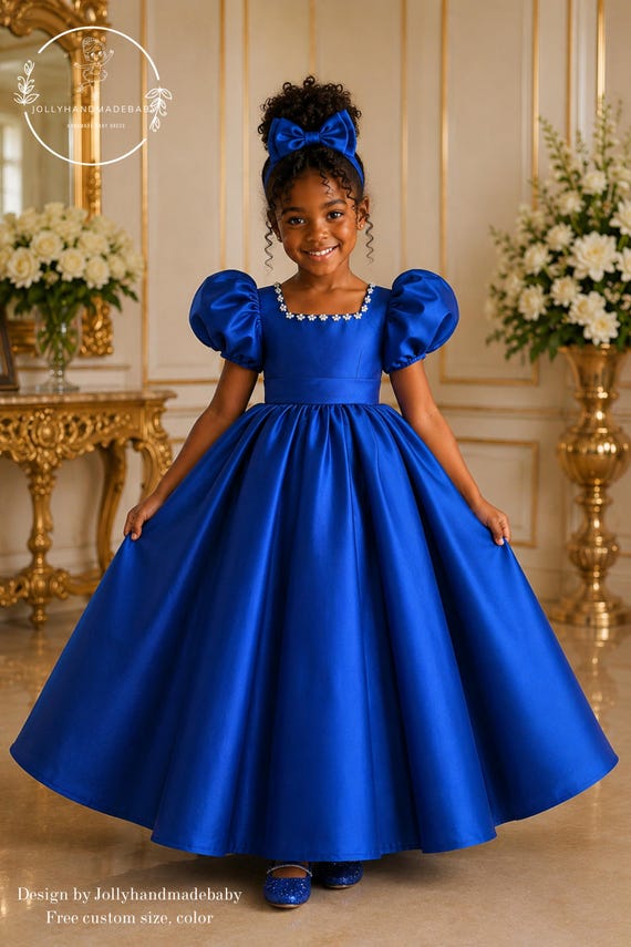 blue toddler dress for wedding Royal Flower Girl Dress, Puff Sleeve Princess Dress, Satin Dress, Birthday Dress, Pageant Dress, Custom Size Accessory:No Waist Chain platlogy Elegant Dress for BohoChicDress ensuring that your dress