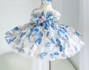 Blue Floral Tulle Dress for Baby Girl, 3D Petal Appliqué Special Occasion Gown