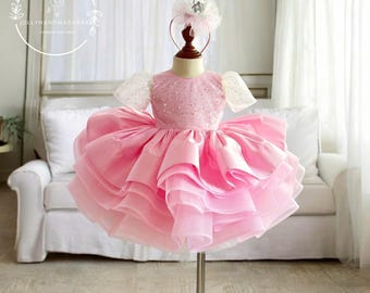 Pink Baby Birthday Dress, Toddler Tulle Princess Dress, First Birthday Outfit Girl, Puffy Ruffle Party Dress, Flower Girl Dress, Custom Size