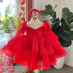 Red Baby Girl Princess Dress, Sequin Tulle Toddler Birthday Dress, Puffy Party Dress, Flower Girl Dress, Handmade Baby Dress