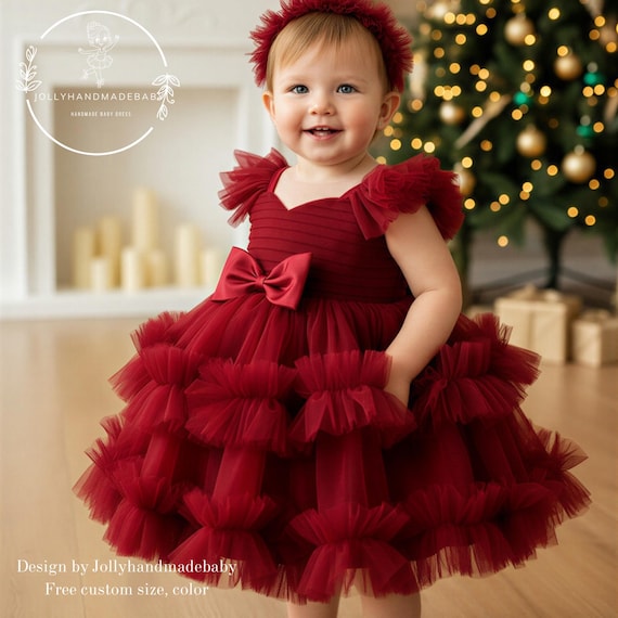 Burgundy Baby Girl Tulle Dress, Toddler Birthday Dress, Flower Girl Dress, Red Princess Tutu Dress, Handmade Custom Color